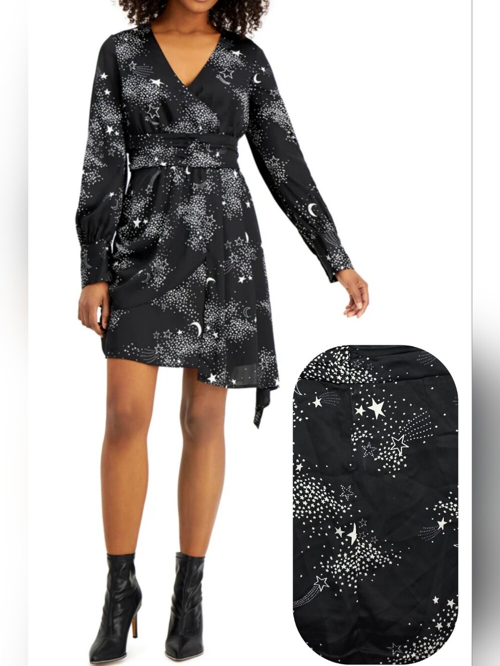 Bar III Celestial Wrap Dress Size 6 Black Starry Night Print 4102-